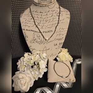 Charcoal Gray Graphite colored Faceted Bead & Pearl Necklace and Bracele…
